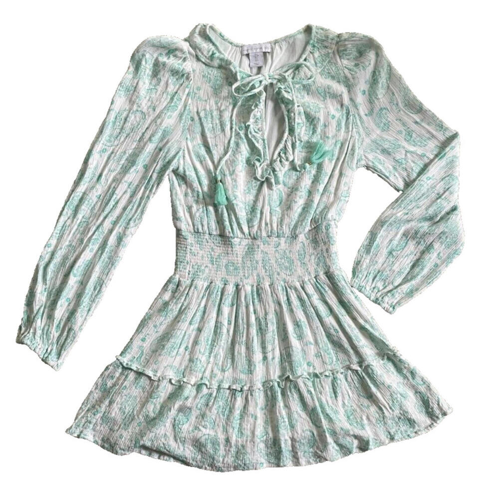 House of Harlow 1960 Paisley Long Sleeve Ruffle Smocked Mini Dress Mint Green S - Picture 2 of 9